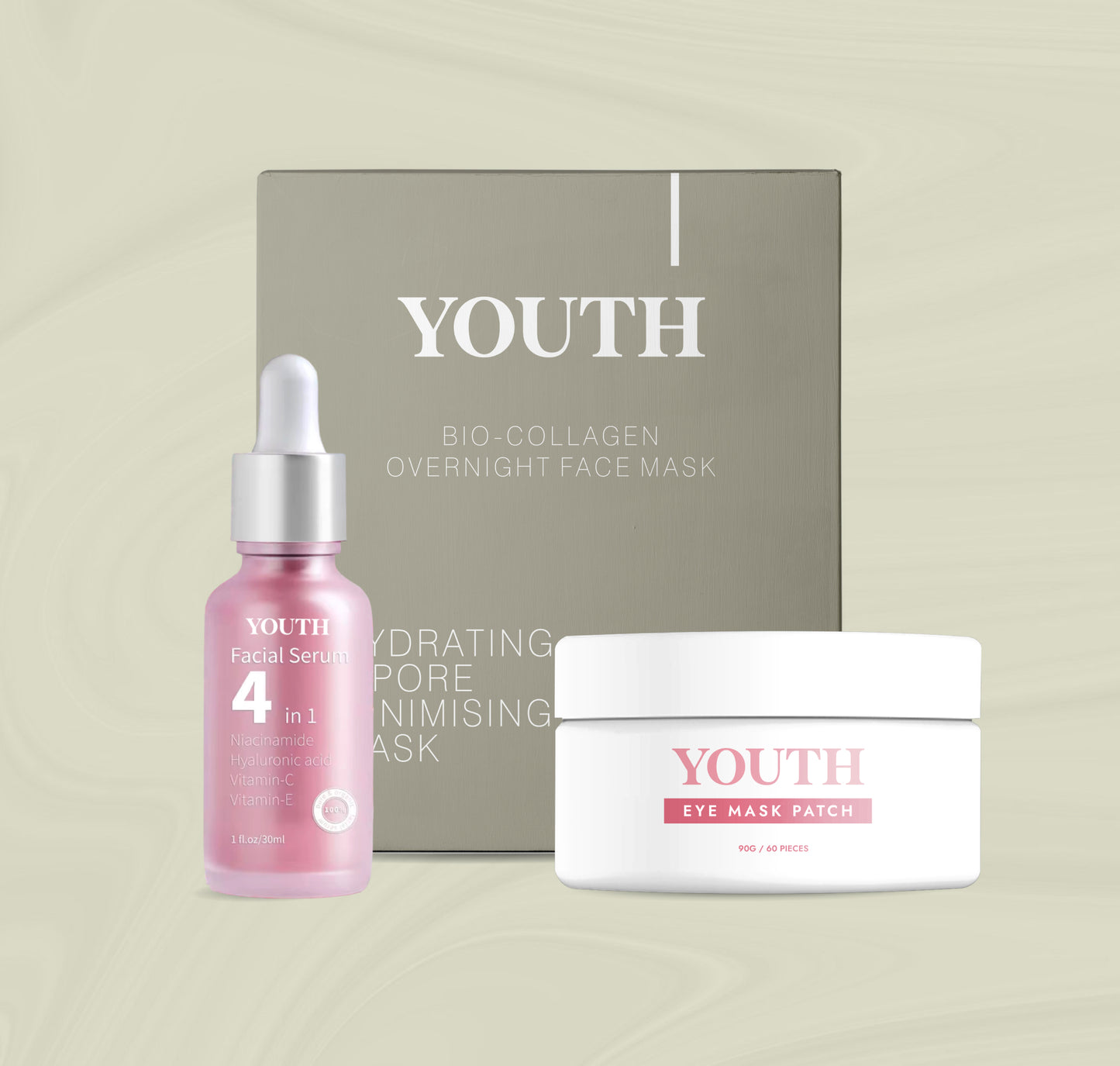 Trio Youth Glow: 4 maschere al collagene, 1 siero, 60 patch per gli occhi