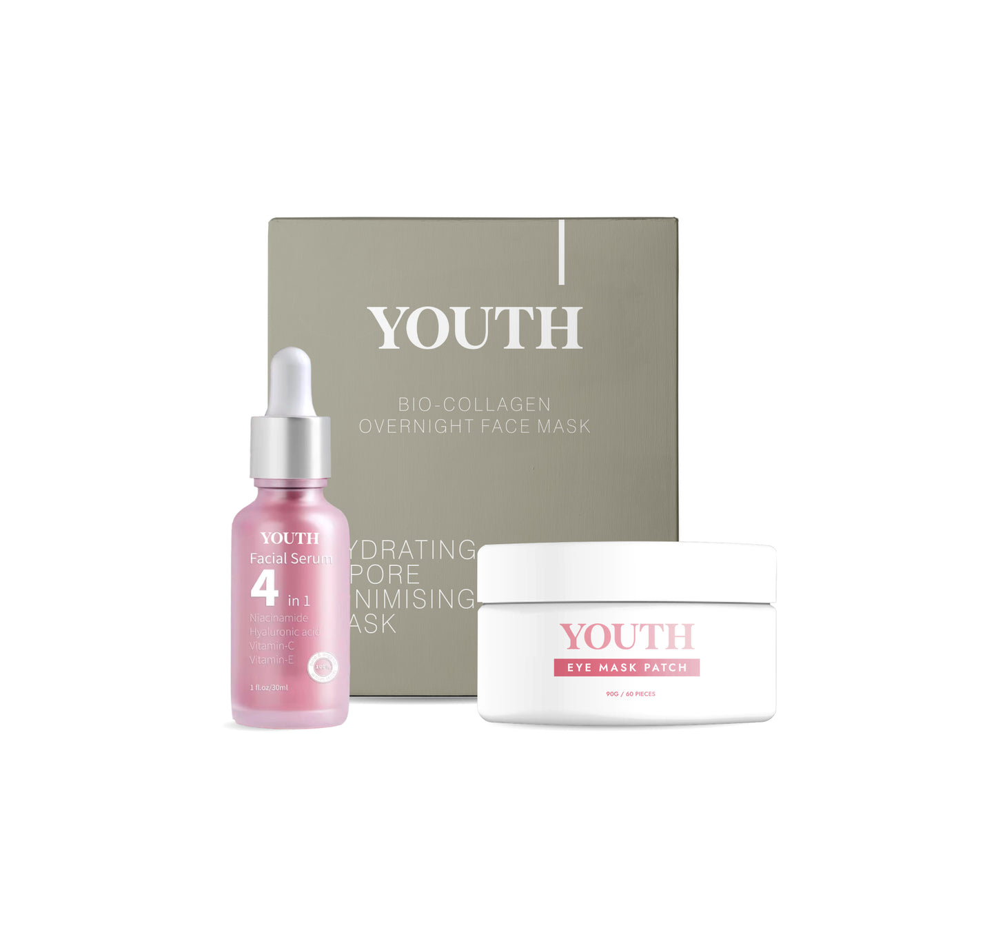 Trio Youth Glow: 4 maschere al collagene, 1 siero, 60 patch per gli occhi