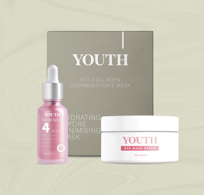 Youth Glow Trio: 4 Collagen Masks, 1 Serum, 60 Eye Patches